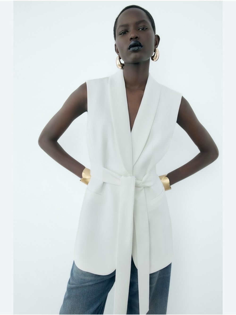 Zara White Sleeveless Tie-Waist Vest